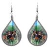 Teardrop-shaped thread dangle earrings with alpaca silver wire and tiger graphic image in green, orange, and light blue color combination.