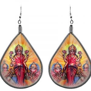 Large teardrop-shaped thread dangle earrings with alpaca silver wire and Parvati goddess graphic image in golden yellow and multicolored color combination.