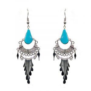 Teardrop-cut stone earrings with long alpaca silver metal tail-like dangles in turquoise.