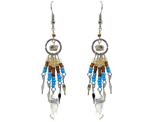 Handmade chip stone mini silver metal hoop earrings with long seed bead and wire wrapped clear quartz crystal point dangles in gold, brown, and turquoise blue color combination.