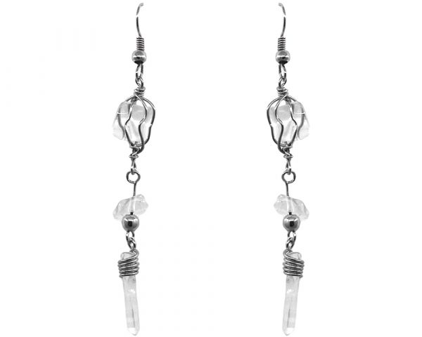 Silver metal wire wrapped tumbled stone earrings with chip stone and clear quartz crystal point dangle in clear quartz.