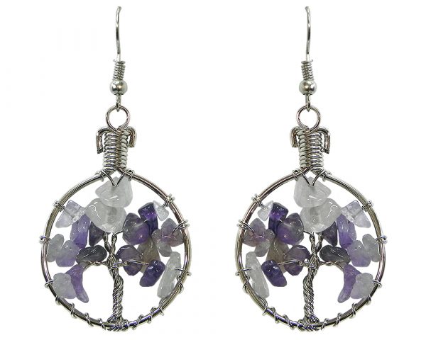 Handmade round silver metal wire wrapped chip stone tree of life dangle earrings in purple amethyst color.