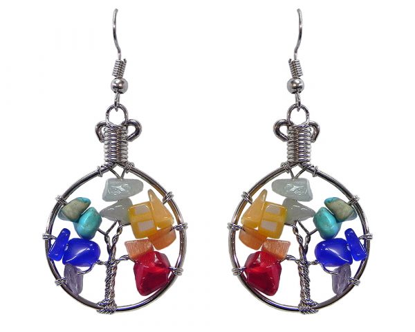Round silver metal wire wrapped chip stone tree of life dangle earrings in rainbow chakra colors.