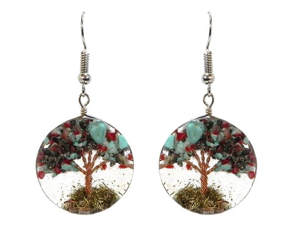 Round-shaped clear acrylic resin, copper wire, and crushed chip stone inlay tree of life dangle earrings in turquoise blue, red, and silver pyrite color combination.
