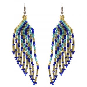 Long multicolored Czech glass seed bead angel wing-shaped fringe dangle earrings in blue, mint turquoise, and gold color combination.
