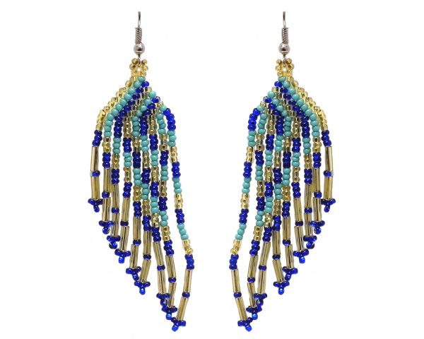 Long multicolored Czech glass seed bead angel wing-shaped fringe dangle earrings in blue, mint turquoise, and gold color combination.