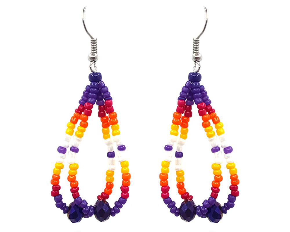 Native American inspired teardrop-shaped double strand seed bead earrings with crystal beads in dark purple, red, orange, yellow, and white color combination.