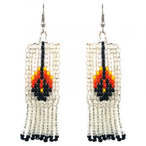 Native American inspired rectangle-shaped Czech glass seed bead fringe earrings with fire feather design in white, yellow, orange, red, and black color combination.