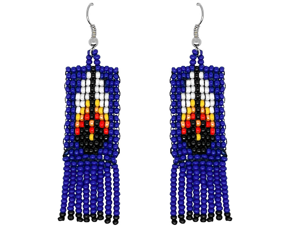 Native American inspired rectangle-shaped Czech glass seed bead fringe earrings with fire feather design in royal blue white, yellow, orange, red, and black color combination.