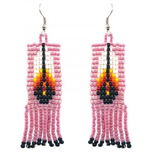 Native American inspired rectangle-shaped Czech glass seed bead fringe earrings with fire feather design in pink, white, yellow, orange, red, and black color combination.