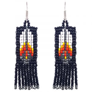 Native American inspired rectangle-shaped Czech glass seed bead fringe earrings with fire feather design in black, white, yellow, orange, red, and gray color combination.