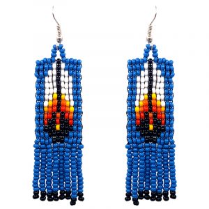 Native American inspired rectangle-shaped Czech glass seed bead fringe earrings with fire feather design in light blue, white, yellow, orange, red, and black color combination.