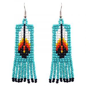 Native American inspired rectangle-shaped Czech glass seed bead fringe earrings with fire feather design in turquoise mint, white, yellow, orange, red, and black color combination.