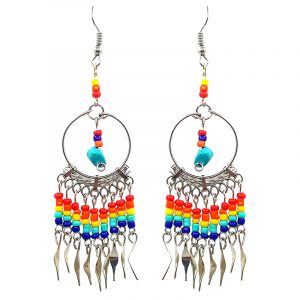 Native American inspired round metal hoop chip stone earrings with seed bead and alpaca silver metal dangles in teal and rainbow multicolored color combination.