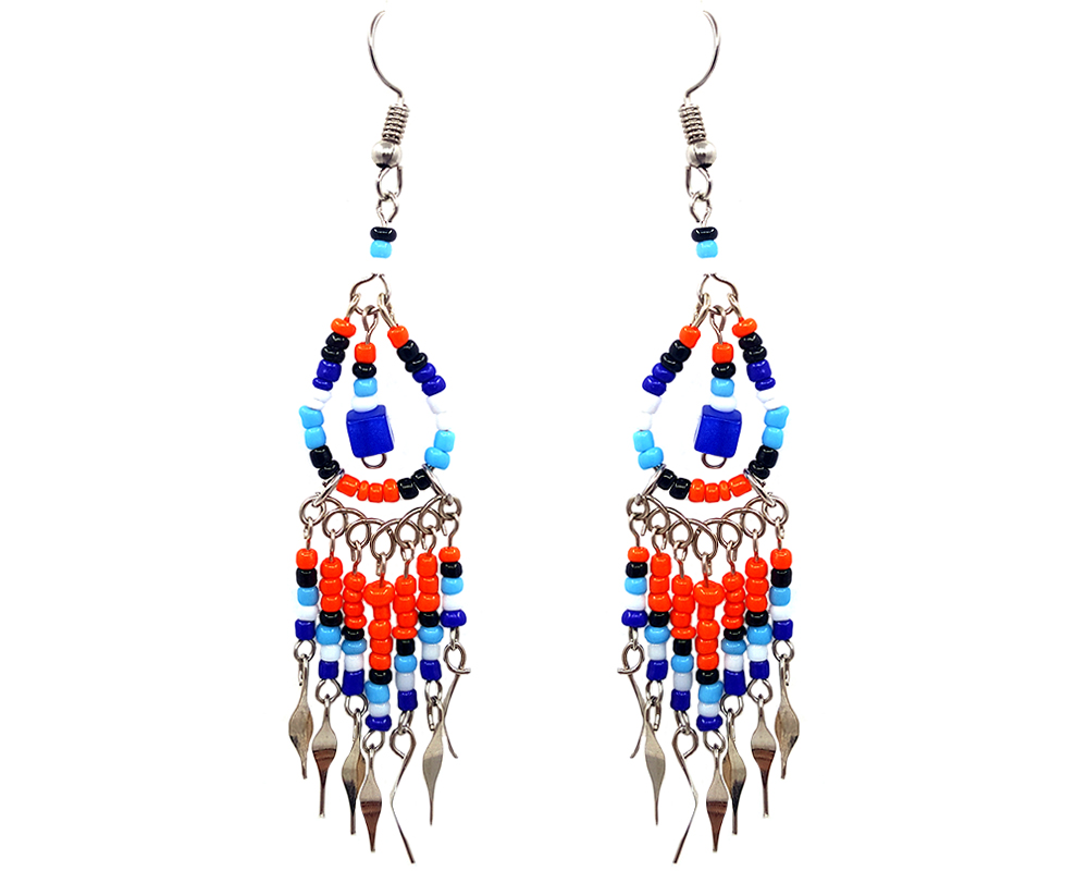 Native American inspired teardrop-shaped beaded chip stone earrings with long seed bead and alpaca silver metal dangles in blue, orange, light blue, and white color combination.