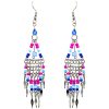 Native American inspired triangle-shaped beaded chip stone metal chain earrings with long seed bead and alpaca silver metal dangles in royal blue, hot pink, light blue, and white color combination.