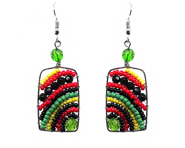 Rectangle-shaped striped seed bead, crystal bead, and alpaca silver metal earrings in Rasta colors.
