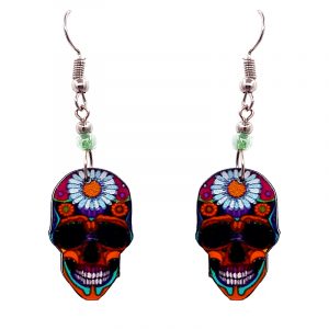 Day of the Dead floral sunflower sugar skull head acrylic dangle earrings with beaded metal hooks in orange, hot pink, black and white color combination.