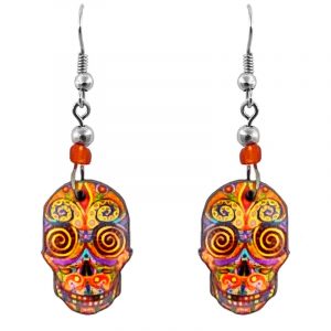 Day of the Dead psychedelic sugar skull head acrylic dangle earrings with beaded metal hooks in orange and multicolored color combination.
