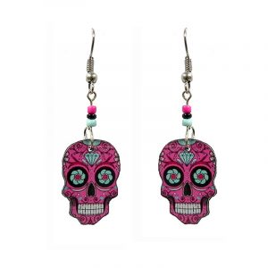 Day of the Dead diamond sugar skull head acrylic dangle earrings with beaded metal hooks in pink, light blue, and black color combination.