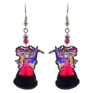 Day of the Dead floral hat skeleton acrylic dangle earrings with beaded metal hooks in hot pink, navy blue, gold, and black color combination.
