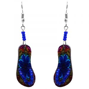 Mandala flower pattern flip flop sandal acrylic dangle earrings with seed bead straps and beaded metal hooks in blue and multicolored color combination.