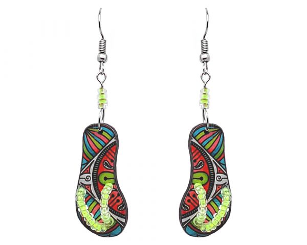 Geometric pattern flip flop sandal acrylic dangle earrings with seed bead straps and beaded metal hooks in mint turquoise, salmon pink, and lime green color combination.