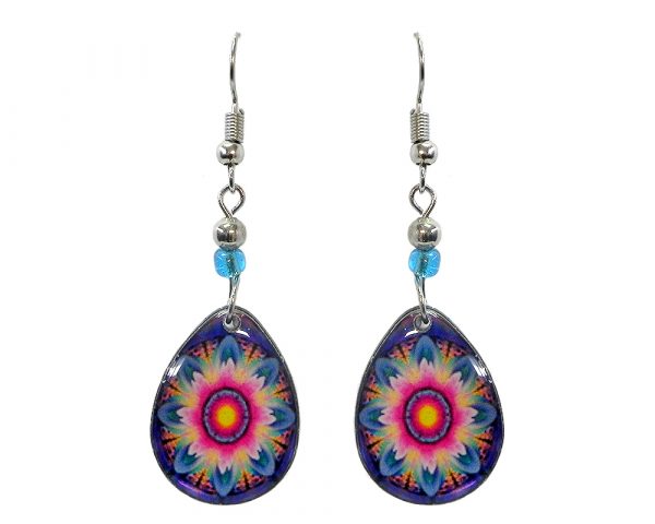 Teardrop-shaped New Age themed trippy flower graphic acrylic dangle earrings with beaded metal hooks in pink, blue, turquoise, and orange color combination.