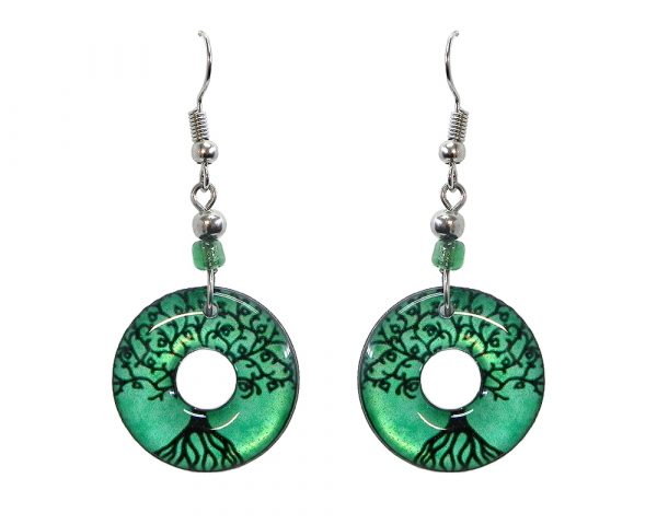 Round-shaped New Age themed tree of life graphic acrylic dangle earrings with hole and beaded metal hooks in mint green and black color combination.