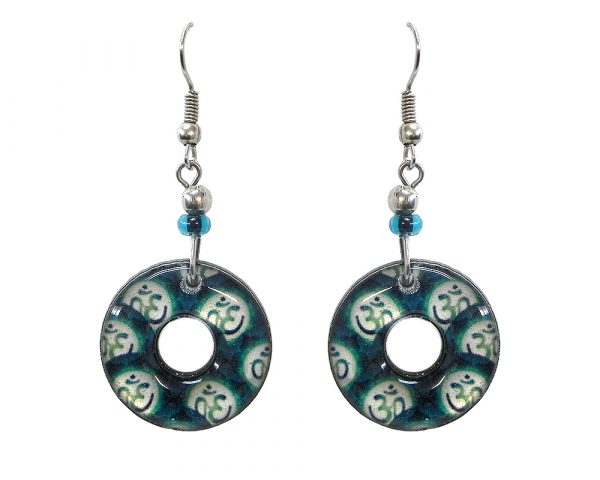 Round-shaped New Age themed om sign graphic acrylic dangle earrings with hole and beaded metal hooks in teal green and white color combination.
