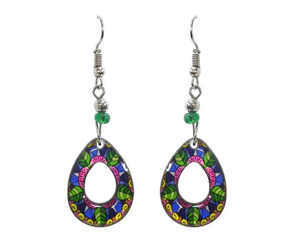 Teardrop-shaped New Age themed geometric flower graphic acrylic dangle earrings with hole and beaded metal hooks in pink, blue, and green color combination.