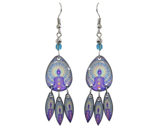 Teardrop-shaped New Age themed chakra graphic acrylic earrings with long matching dangles and beaded metal hooks in light blue, lavender purple, white, and rainbow color combination.