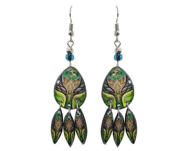 Teardrop-shaped New Age themed tree of life goddess graphic acrylic earrings with long matching dangles and beaded metal hooks in lime green, brown, and tan orange color combination.