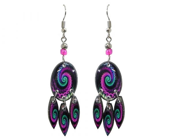 Oval-shaped New Age themed psychedelic spiral graphic acrylic earrings with long matching dangles and beaded metal hooks in magenta purple, mint green, and black color combination.