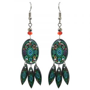Oval-shaped New Age themed mandala gears graphic acrylic earrings with long matching dangles and beaded metal hooks in teal green, orange, and black color combination.
