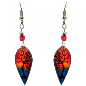 Ellipse-shaped New Age themed sunset tree of life graphic acrylic dangle earrings with beaded metal hooks in orange, blue, and black color combination.