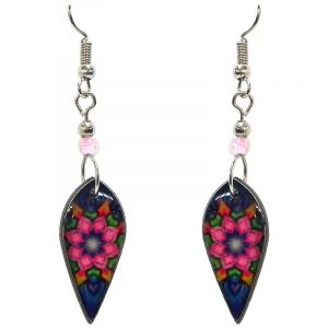 Ellipse-shaped New Age themed flower mandala graphic acrylic dangle earrings with beaded metal hooks in hot pink, blue, and multicolored color combination.
