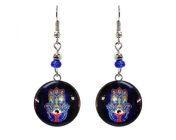 Round-shaped New Age themed hamsa hand graphic acrylic dangle earrings with silver metal setting and beaded metal hooks in blue, navy blue, and multicolored color combination.