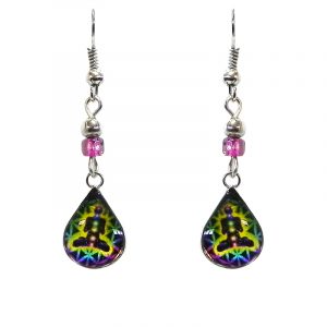 Mini teardrop-shaped New Age themed chakra graphic acrylic dangle earrings with silver metal setting and beaded metal hooks in purple, lime green, yellow, black, and rainbow color combination.