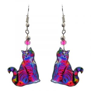 Psychedelic pattern Tabby cat acrylic dangle earrings with beaded metal hooks in hot pink and multicolored color combination.