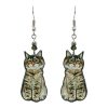 Tabby cat acrylic dangle earrings with beaded metal hooks in brown and gray color combination.