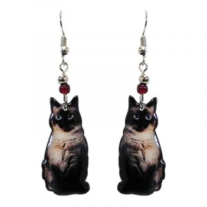 Siamese cat acrylic dangle earrings with beaded metal hooks in black, gray, and beige color combination.