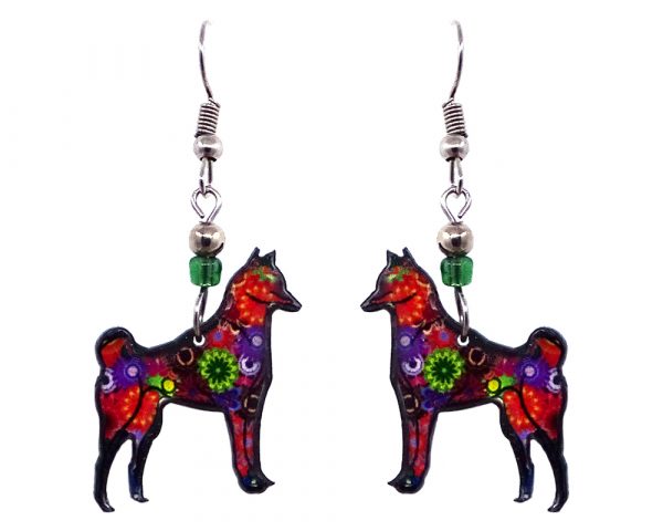 Floral pattern Shiba Inu dog acrylic dangle earrings with beaded metal hooks in multicolored color combination.