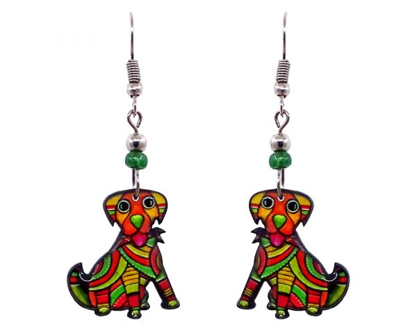Tribal pattern Beagle dog acrylic dangle earrings with beaded metal hooks in lime green, orange, red, and golden yellow color combination.