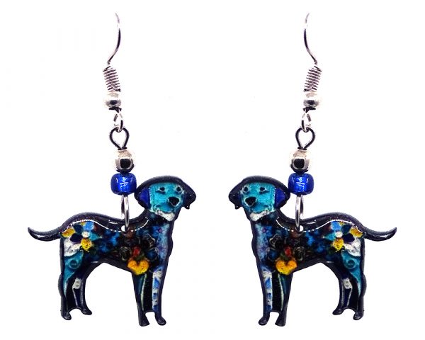 Floral pattern Labrador dog acrylic dangle earrings with beaded metal hooks in turquoise, blue, and multicolored color combination.