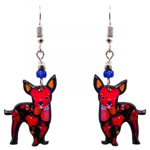 Floral pattern Chihuahua dog acrylic dangle earrings with beaded metal hooks in hot pink, blue, golden yellow, black, and white color combination.