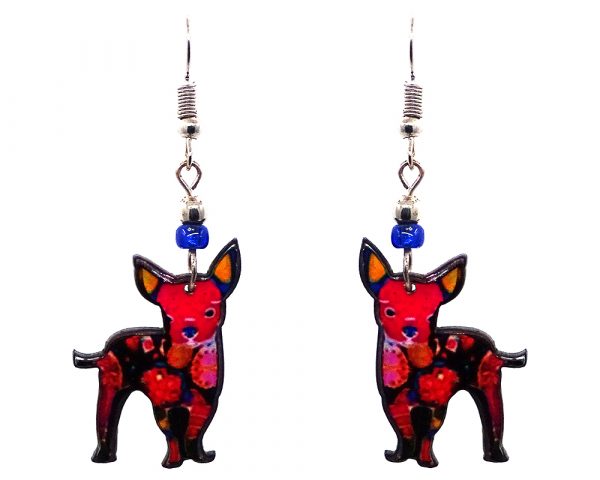Floral pattern Chihuahua dog acrylic dangle earrings with beaded metal hooks in hot pink, blue, golden yellow, black, and white color combination.