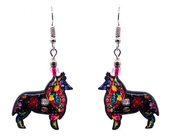 Floral pattern Collie dog acrylic dangle earrings with beaded metal hooks in black and multicolored color combination.