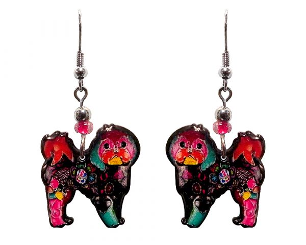 Floral pattern Shih Tzu dog acrylic dangle earrings with beaded metal hooks in hot pink, black and multicolored color combination.
