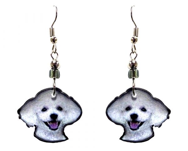 Poodle dog face acrylic dangle earrings with beaded metal hooks in white, gray, black, and pink color combination.